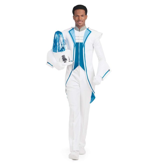 Custom white with carolina blue trim marching band uniform with tails. Front view with matching shako, white gauntlets, gloves and pants