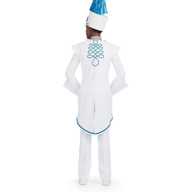Custom white with carolina blue trim marching band uniform with tails. Back view with matching shako, white gauntlets and pants