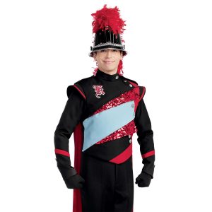 Custom black with red, red sequin, and light blue marching band uniform. Front view with black gloves and pants and black helmet with silver accessories and red feather and red cape