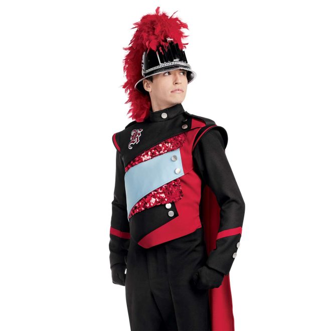 Custom black with red, red sequin, and light blue marching band uniform. Front view with black gloves and pants and black helmet with silver accessories and red feather and red cape