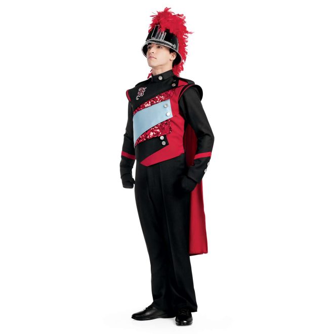 Custom black with red, red sequin, and light blue marching band uniform. Front view with black gloves and pants and black helmet with silver accessories and red feather and red cape