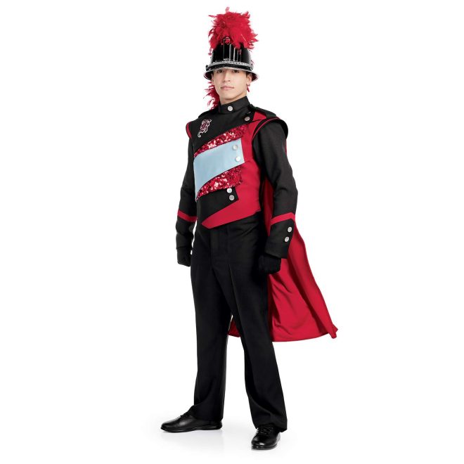 Custom black with red, red sequin, and light blue marching band uniform. Front view with black gloves and pants and black helmet with silver accessories and red feather and red cape