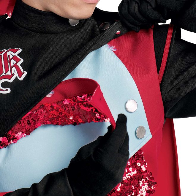 Custom black with red, red sequin, and light blue marching band uniform. Front view close up