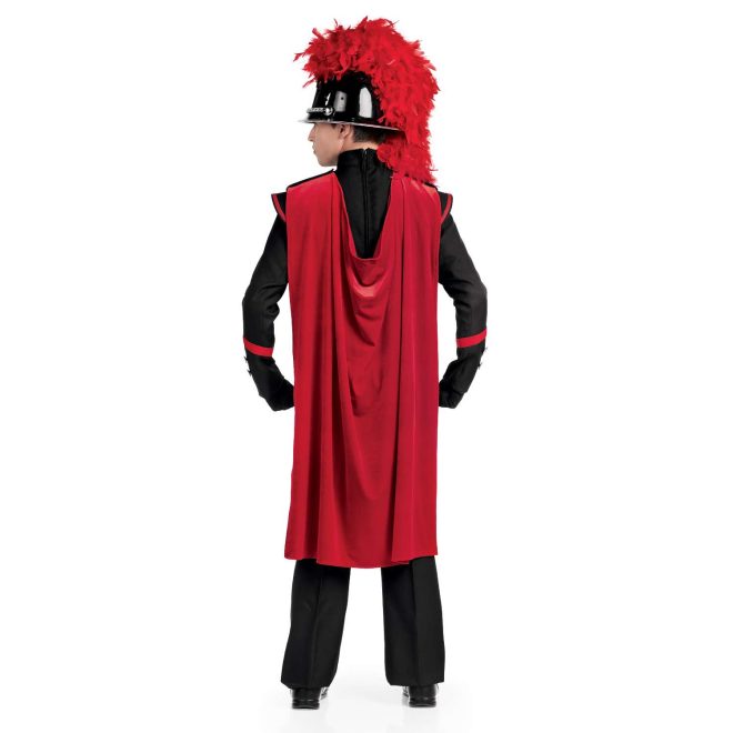 Custom black with red trim marching band uniform. Back view with black gloves and pants and black helmet with silver accessories and red feather and red cape
