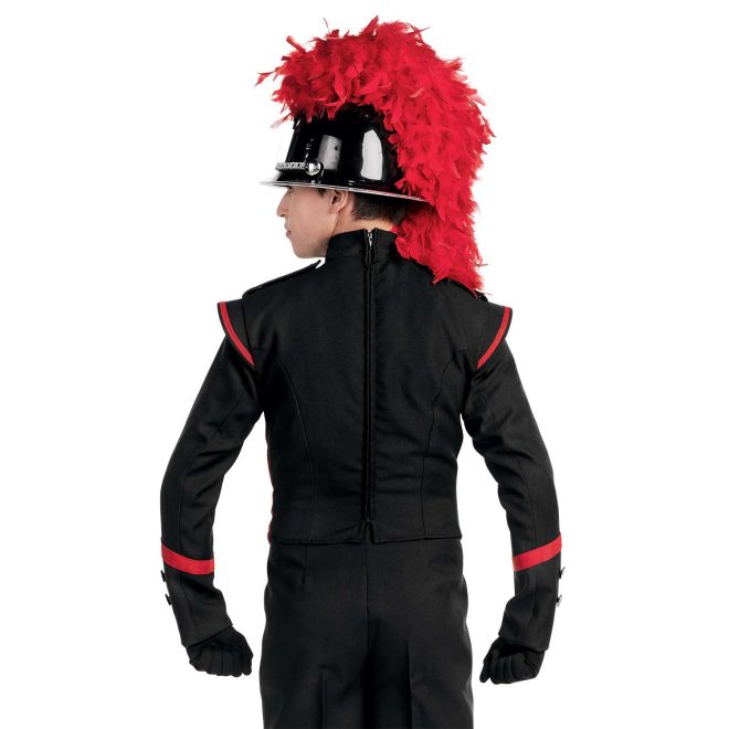 Custom black with red trim marching band uniform. Back view with black gloves and pants and black helmet with silver accessories and red feather.
