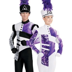 Two versions of custom marching band uniform. 1. Custom black, white, silver sequin, and purple marching band jacket with one sleeve with purple and white gradient stripe over custom black bibber over one long sleeve black undershirt with silver sequin stripe down arm front view with black shako with purple plume. 2. Custom white, purple, and sequin purple marching band uniform. Front view with white pants and gloves with white shako with silver accessories and purple plume