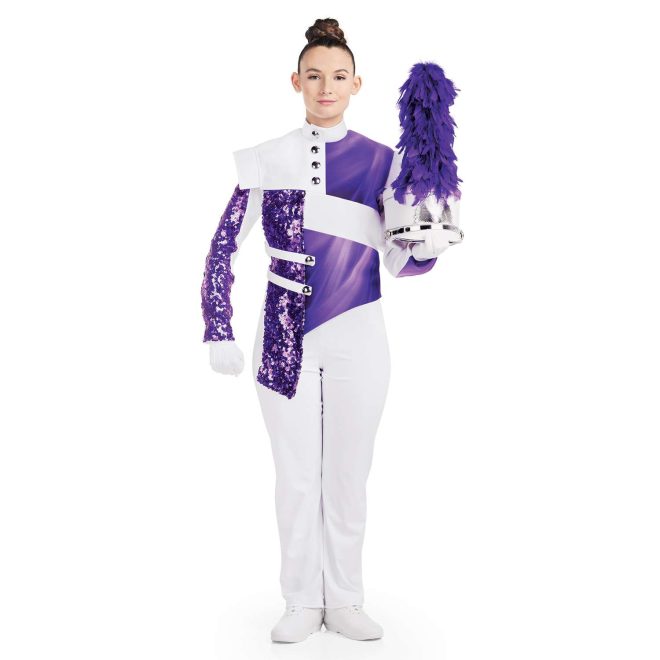 Custom white, purple, and sequin purple marching band uniform. Front view with white pants and gloves with white shako with silver accessories and purple plume