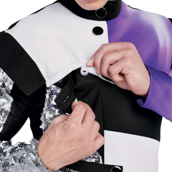 Custom black, white, silver sequin, and purple marching band jacket with one sleeve with purple and white gradient stripe over custom black bibber over one long sleeve black undershirt with silver sequin stripe down arm front view with black shako with purple plume