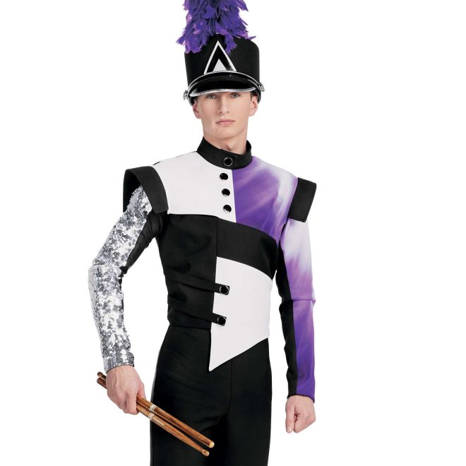 Custom black, white, silver sequin, and purple marching band jacket with one sleeve with purple and white gradient stripe over custom black bibber over one long sleeve black undershirt with silver sequin stripe down arm front view with black shako with purple plume