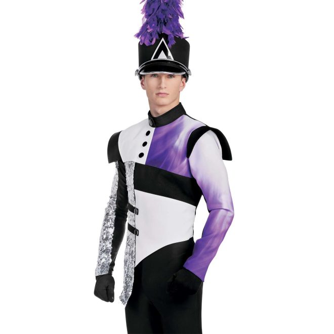 Custom black, white, silver sequin, and purple marching band jacket with one sleeve with purple and white gradient stripe over custom black bibber over one long sleeve black undershirt with silver sequin stripe down arm front view with black shako with purple plume