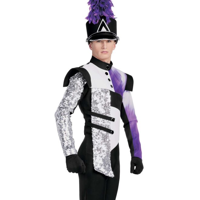 Custom black, white, silver sequin, and purple marching band jacket with one sleeve with purple and white gradient stripe over custom black bibber over one long sleeve black undershirt with silver sequin stripe down arm front view with black shako with purple plume
