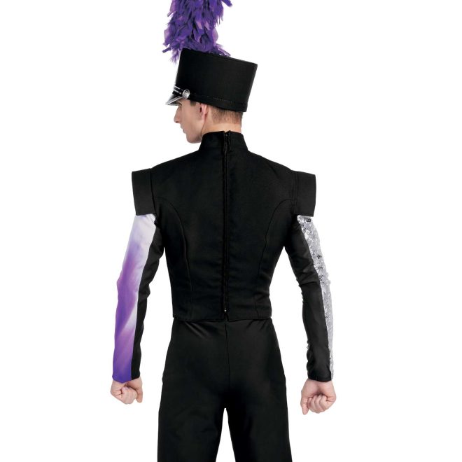 Custom black marching band jacket with one sleeve with purple and white gradient stripe over custom black bibber over one long sleeve black undershirt with silver sequin stripe down arm back view with black shako with purple plume