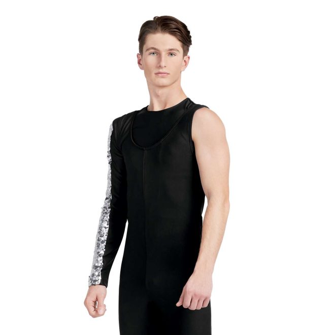 Custom black bibber over one long sleeve black undershirt with silver sequin stripe down arm front view