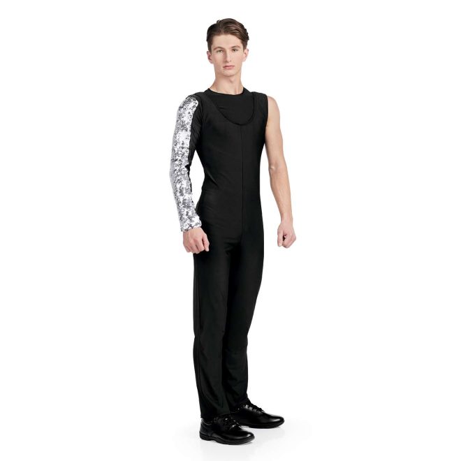 Custom black bibber over one long sleeve black undershirt with silver sequin stripe down arm front view