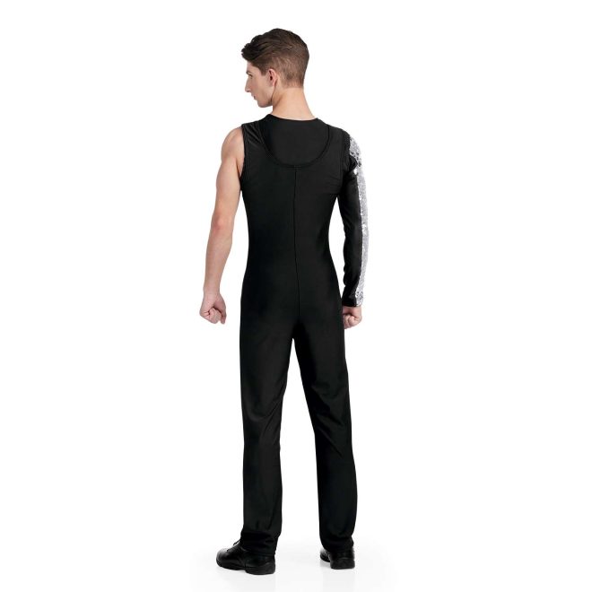 Custom black bibber over one long sleeve black undershirt with silver sequin stripe down arm back view