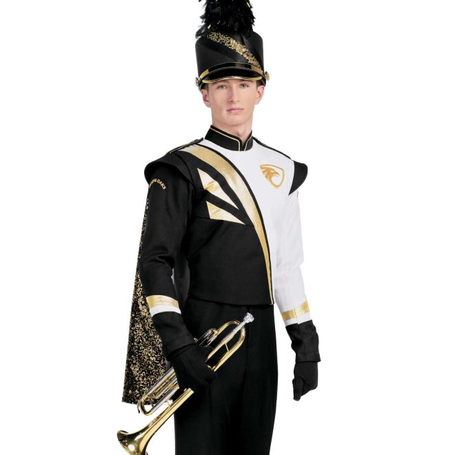 Custom black and white with gold accents marching band uniform. Front view with black shako, gloves, and pants and gold sequin shoulder cape