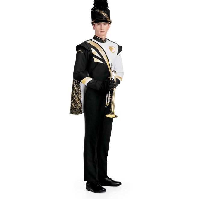 Custom black and white with gold accents marching band uniform. Front view with black shako, gloves, and pants and gold sequin shoulder cape