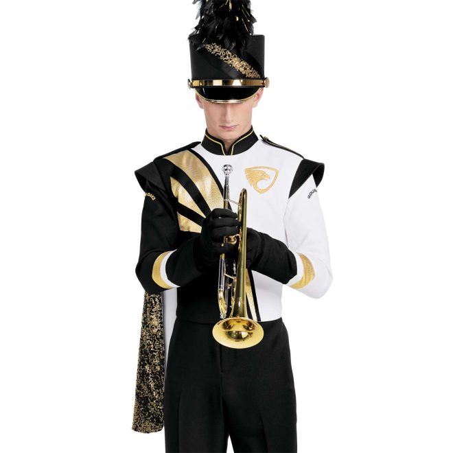 Custom black and white with gold accents marching band uniform. Front view with black shako, gloves, and pants and gold sequin shoulder cape