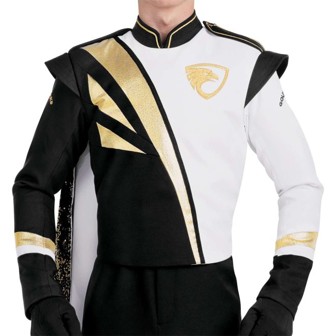 Custom black and white with gold accents marching band uniform. Front view with black shako, gloves, and pants and gold sequin shoulder cape