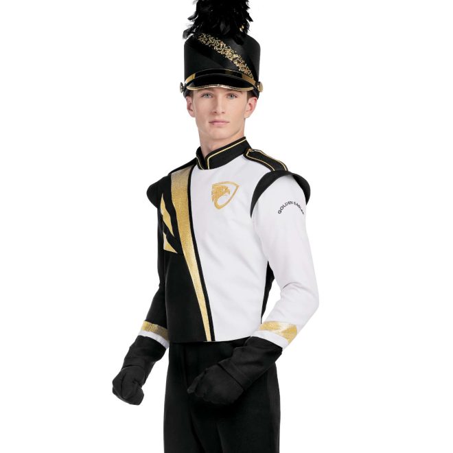 Custom black and white with gold accents marching band uniform. Front view with black shako, gloves, and pants
