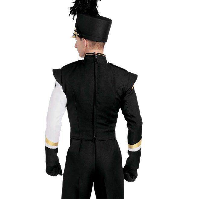 Custom black and white with gold accents marching band uniform. Back view with black shako, gloves, and pants