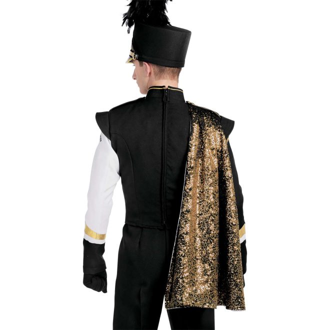 Custom black and white with gold accents marching band uniform. Back view with black shako, gloves, and pants, and gold sequin shoulder cape
