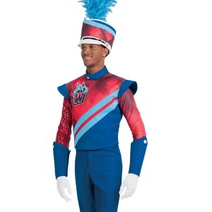 Custom royal, red, and light blue marching band jacket over custom royal bibber. Royal undershirt with one red sequin long sleeve and one red geometric long sleeve. Side view marching band uniform with royal gauntlets, white gloves, and white shako with red geometric band and royal and light blue small bands with light blue plume