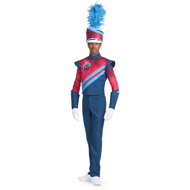 Custom royal, red, and light blue marching band jacket over custom royal bibber. Royal undershirt with one red sequin long sleeve and one red geometric long sleeve. Side view marching band uniform with royal gauntlets, white gloves, and white shako with red geometric band and royal and light blue small bands with light blue plume