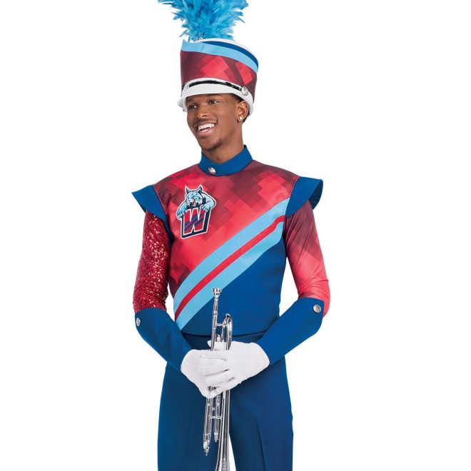 Custom royal, red, and light blue marching band jacket over custom royal bibber. Royal undershirt with one red sequin long sleeve and one red geometric long sleeve. Side view marching band uniform with royal gauntlets, white gloves, and white shako with red geometric band and royal and light blue small bands with light blue plume