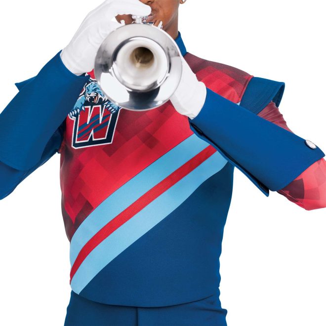 Custom royal, red, and light blue marching band jacket over custom royal bibber. Royal undershirt with one red sequin long sleeve and one red geometric long sleeve. Side view marching band uniform with royal gauntlets, white gloves, and white shako with red geometric band and royal and light blue small bands with light blue plume