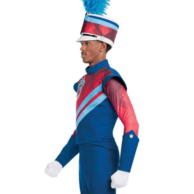 Custom royal, red, and light blue marching band jacket over custom royal bibber. Royal undershirt with one red sequin long sleeve and one red geometric long sleeve. Side view marching band uniform with royal gauntlets, white gloves, and white shako with red geometric band and royal and light blue small bands with light blue plume