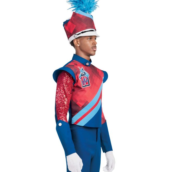 Custom royal, red, and light blue marching band jacket over custom royal bibber. Royal undershirt with one red sequin long sleeve and one red geometric long sleeve. Side view marching band uniform with royal gauntlets, white gloves, and white shako with red geometric band and royal and light blue small bands with light blue plume