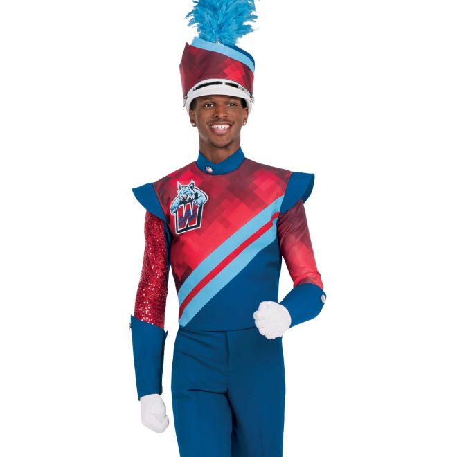 Custom royal, red, and light blue marching band jacket over custom royal bibber. Royal undershirt with one red sequin long sleeve and one red geometric long sleeve. Front view marching band uniform with royal gauntlets, white gloves, and white shako with red geometric band and royal and light blue small bands with light blue plume