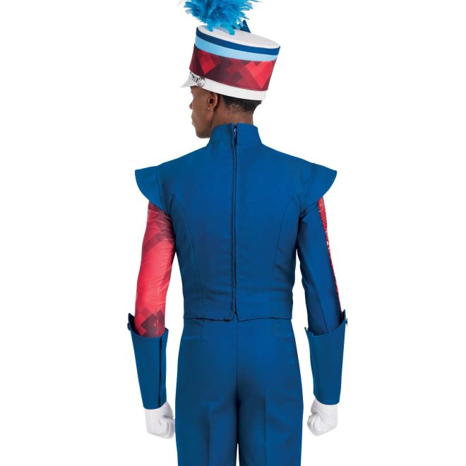 Custom royal marching band jacket over custom royal bibber with black straps. Royal undershirt with one red sequin long sleeve and one red geometric long sleeve. Back view marching band uniform with royal gauntlets, white gloves, and white shako with red geometric band and royal and light blue small bands with light blue plume