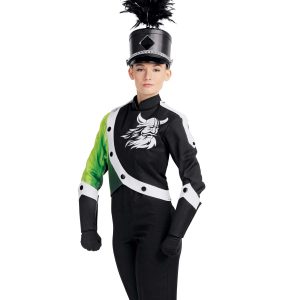 Custom black with green and white accents marching band uniform with mascot on right chest. Front view with black pants and gloves and black with white trim gauntlets and black shako
