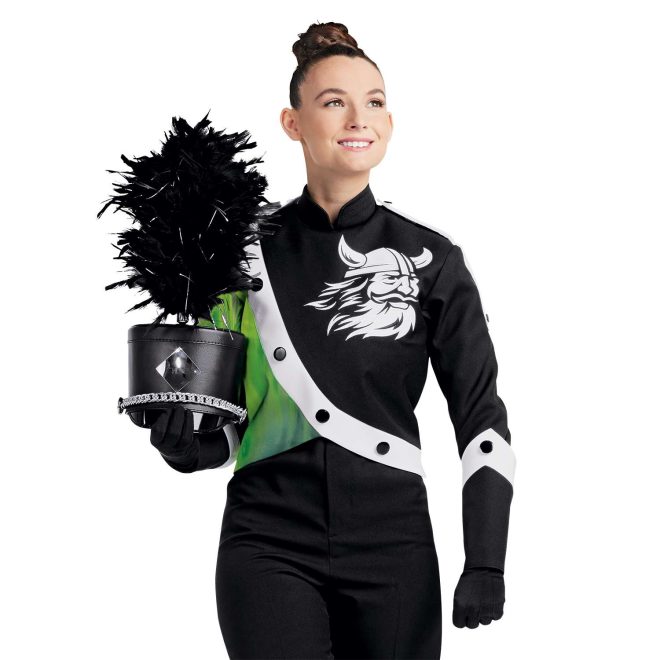 Custom black with green and white accents marching band uniform with mascot on right chest. Front view with black pants and gloves and black with white trim gauntlets and black shako