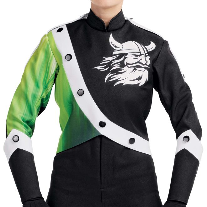 Custom black with green and white accents marching band uniform with mascot on right chest. Front view with black pants and gloves and black with white trim gauntlets and black shako