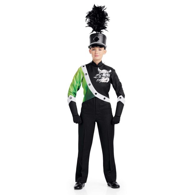 Custom black with green and white accents marching band uniform with mascot on right chest. Front view with black pants and gloves and black with white trim gauntlets and black shako
