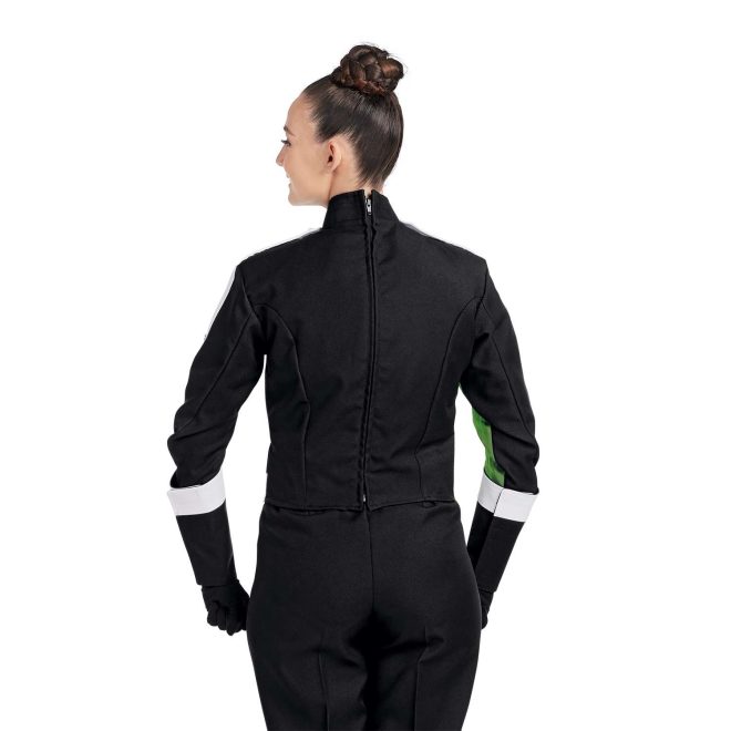 Custom black with green accents marching band uniform. Back view with black pants and gloves and black with white trim gauntlets