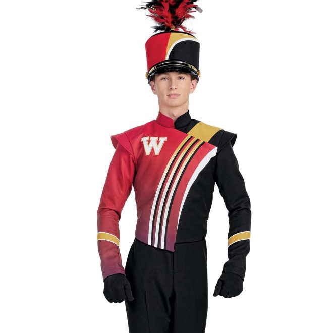 Custom red and black with gold and white accents marching band uniform. Front view with matching shako, black pants and gloves