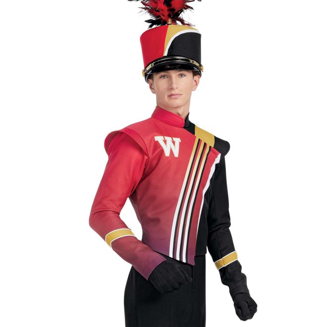 Custom red and black with gold and white accents marching band uniform. Front view with matching shako, black pants and gloves