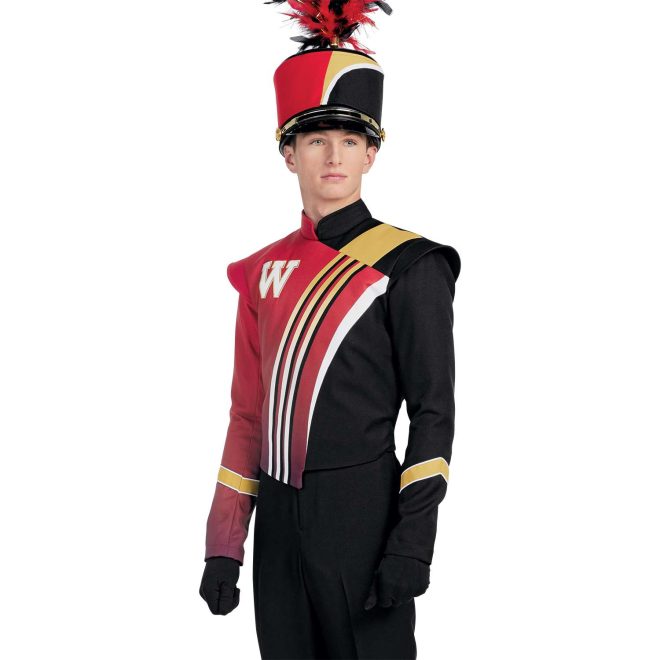 Custom red and black with gold and white accents marching band uniform. Front view with matching shako, black pants and gloves