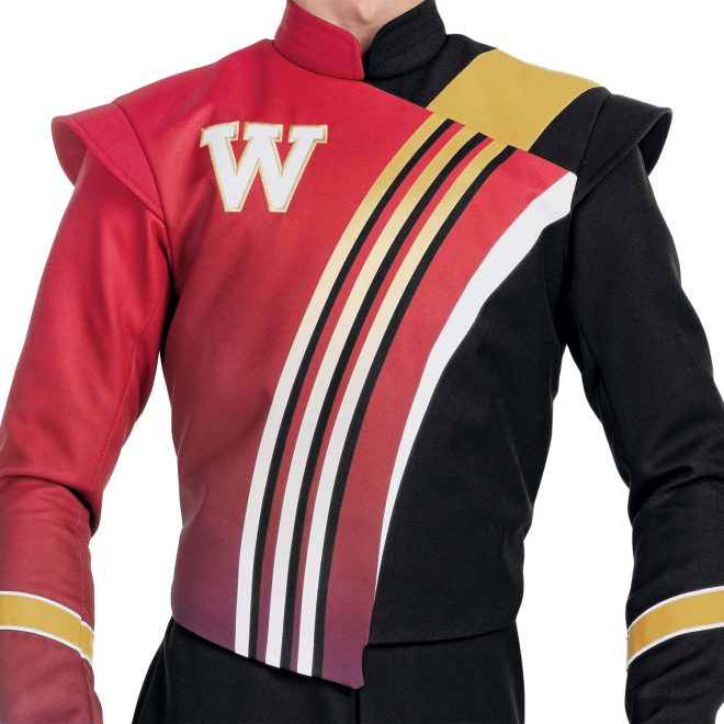 Custom red and black with gold and white accents marching band uniform. Front view close up