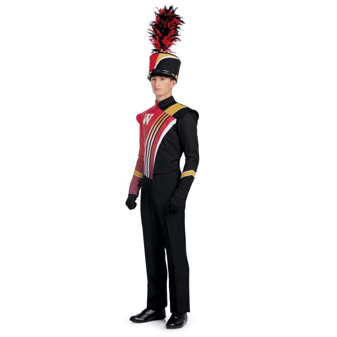 Custom red and black with gold and white accents marching band uniform. Front view with matching shako, black pants and gloves