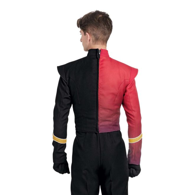 Custom red and black with gold and white accents marching band uniform. Back view with black pants and gloves