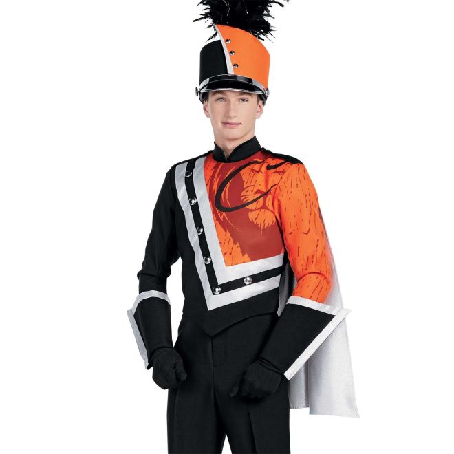 Custom orange and black marching band uniform. Side view with orange shoulder cape, black gloves and pants, black with silver trim gauntlets, and orange shako with black trim and plume