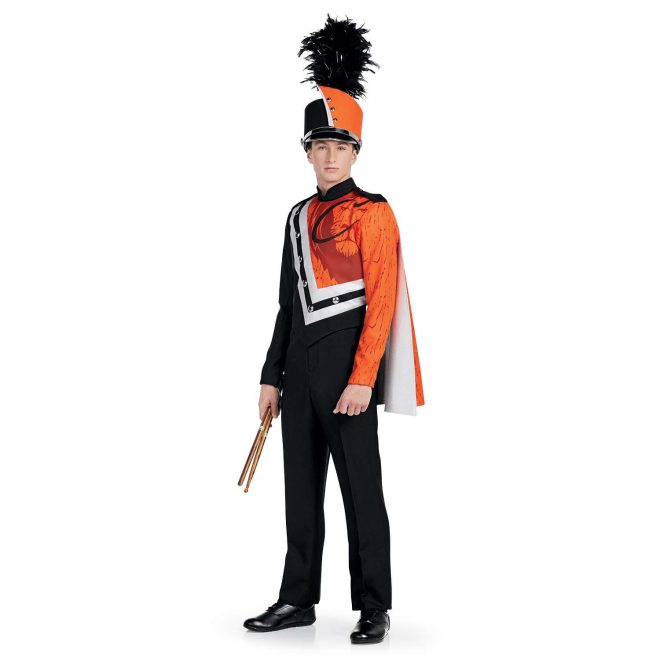 Custom orange and black marching band uniform. Side view with orange shoulder cape, black gloves and pants, black with silver trim gauntlets, and orange shako with black trim and plume