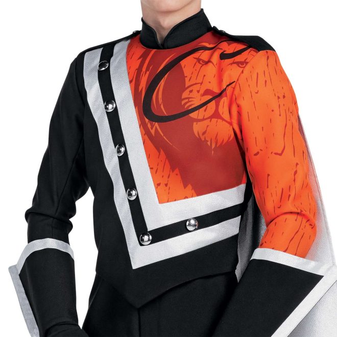 Custom orange and black marching band uniform. Front view close up with orange shoulder cape, black pants, black with silver trim gauntlets