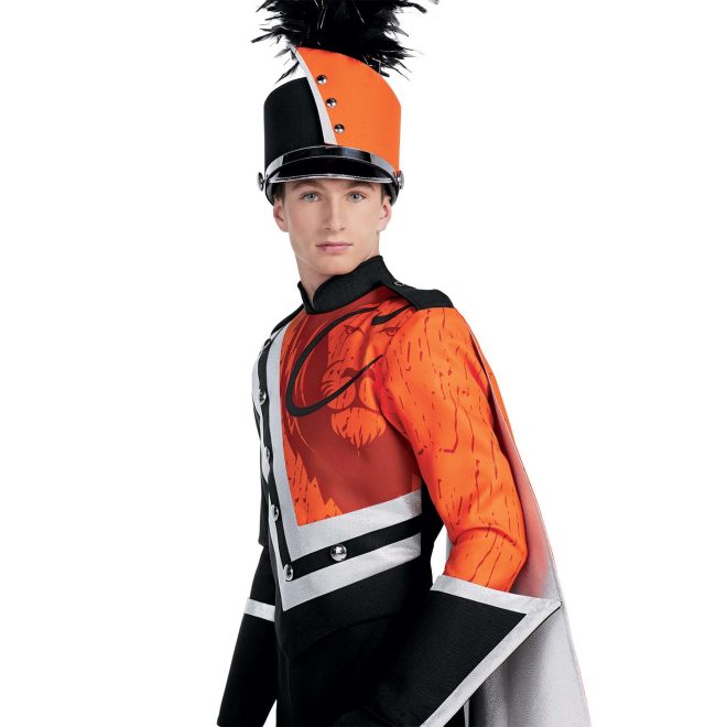 Custom orange and black marching band uniform. Side view with orange shoulder cape, black gloves and pants, black with silver trim gauntlets, and orange shako with black trim and plume