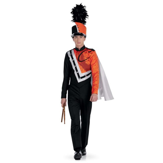 Custom orange and black marching band uniform. Front view with orange shoulder cape, black gloves and pants, black with silver trim gauntlets, and orange shako with black trim and plume